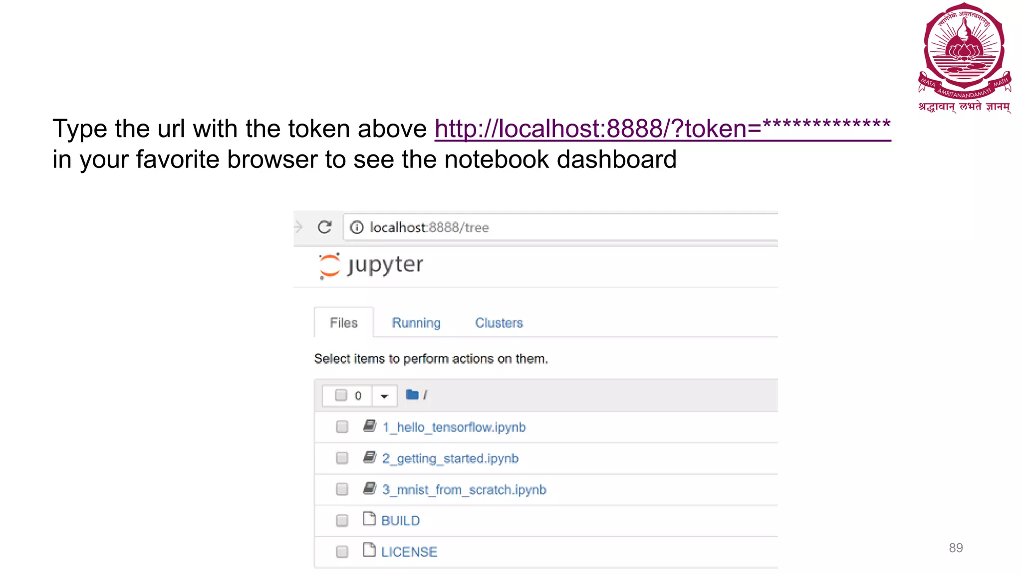 Dr Ganesh Neelakanta Iyer 89
Type the url with the token above http://localhost:8888/?token=*************
in your favorite browser to see the notebook dashboard
 