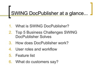 SWING DocPublisher at a glance... ,[object Object],[object Object],[object Object],[object Object],[object Object],[object Object]