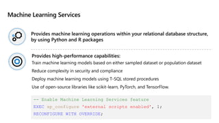 Machine Learning Services
Provides high-performance capabilities:
Train machine learning models based on either sampled dataset or population dataset
Reduce complexity in security and compliance
Deploy machine learning models using T-SQL stored procedures
Use of open-source libraries like scikit-learn, PyTorch, and TensorFlow.
Provides machine learning operations within your relational database structure,
by using Python and R packages
-- Enable Machine Learning Services feature
EXEC sp_configure 'external scripts enabled', 1;
RECONFIGURE WITH OVERRIDE;
 