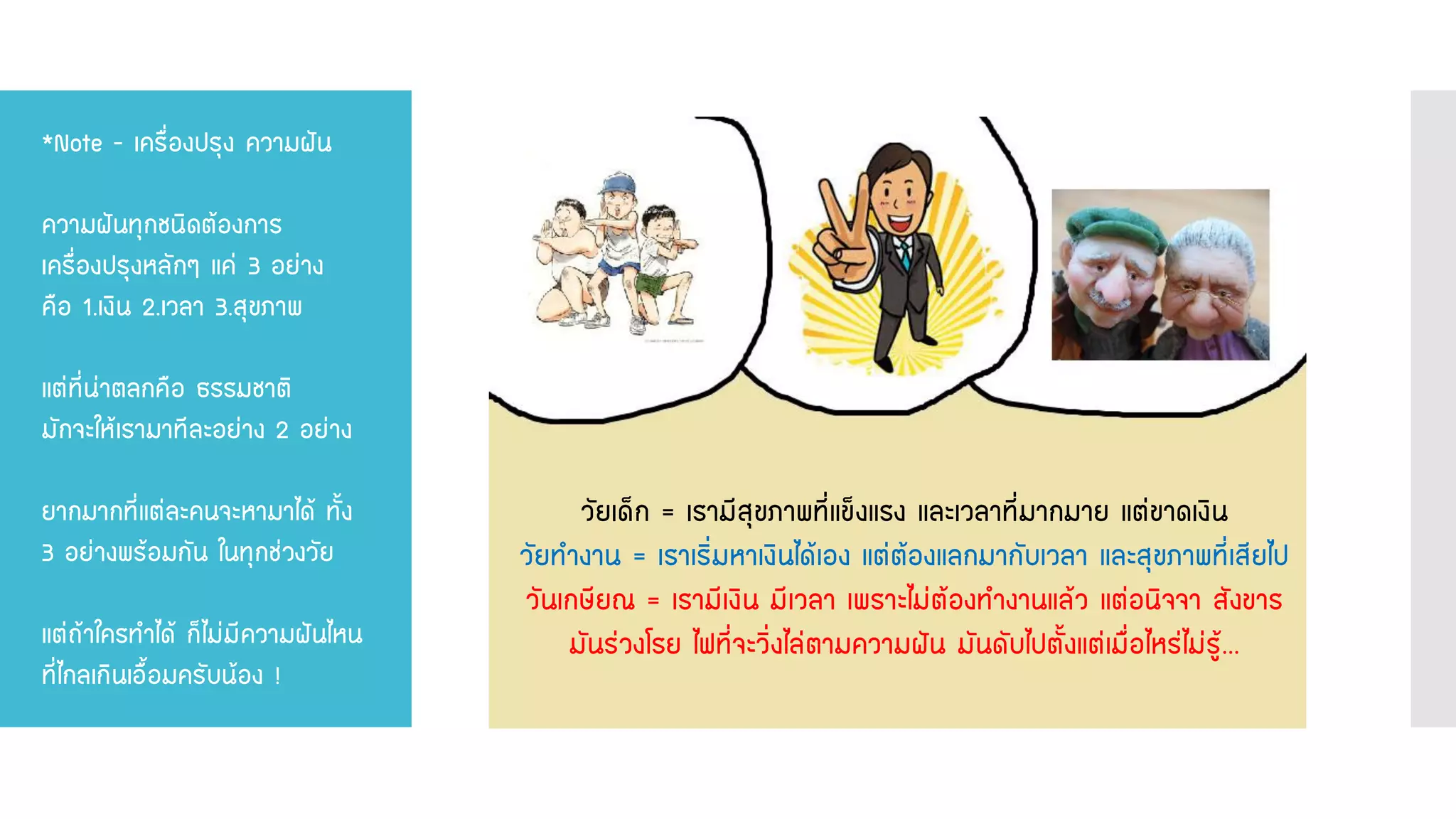 *Note - เครื่องปรุง ความฝัน ความฝันทุกชนิดต้องการ เครื่องปรุงหลักๆ แค่ 3 อย่าง คือ 1.เงิน 2.เวลา 3.สุขภาพ แต่ที่น่าตลกคือ ธรรมชาติ มักจะให้เรามาทีละอย่าง 2 อย่าง ยากมากที่แต่ละคนจะหามาได้ ทั้ง 3 อย่างพร้อมกัน ในทุกช่วงวัย แต่ถ้าใครทาได้ ก็ไม่มีความฝันไหน ที่ไกลเกินเอื้อมครับน้อง ! 
วัยเด็ก = เรามีสุขภาพที่แข็งแรง และเวลาที่มากมาย แต่ขาดเงิน 
วัยทางาน = เราเริ่มหาเงินได้เอง แต่ต้องแลกมากับเวลา และสุขภาพที่เสียไป วันเกษียณ = เรามีเงิน มีเวลา เพราะไม่ต้องทางานแล้ว แต่อนิจจา สังขาร มันร่วงโรย ไฟที่จะวิ่งไล่ตามความฝัน มันดับไปตั้งแต่เมื่อไหร่ไม่รู้...  