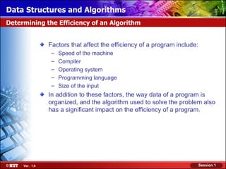 Data Structures and Algorithms
Determining the Efficiency of an Algorithm


                Factors that affect the efficiency of a program include:
                 –   Speed of the machine
                 –   Compiler
                 –   Operating system
                 –   Programming language
                 –   Size of the input
                In addition to these factors, the way data of a program is
                organized, and the algorithm used to solve the problem also
                has a significant impact on the efficiency of a program.




     Ver. 1.0                                                              Session 1
 