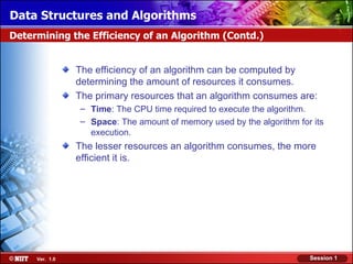 Data Structures and Algorithms
Determining the Efficiency of an Algorithm (Contd.)


                The efficiency of an algorithm can be computed by
                determining the amount of resources it consumes.
                The primary resources that an algorithm consumes are:
                – Time: The CPU time required to execute the algorithm.
                – Space: The amount of memory used by the algorithm for its
                  execution.
                The lesser resources an algorithm consumes, the more
                efficient it is.




     Ver. 1.0                                                          Session 1
 