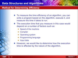 Data Structures and Algorithms
Method for Determining Efficiency


                To measure the time efficiency of an algorithm, you can
                write a program based on the algorithm, execute it, and
                measure the time it takes to run.
                The execution time that you measure in this case would
                depend on a number of factors such as:
                   Speed of the machine
                   Compiler
                   Operating system
                   Programming language
                   Input data
                However, we would like to determine how the execution
                time is affected by the nature of the algorithm.



     Ver. 1.0                                                        Session 1
 