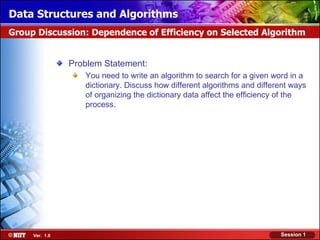 Data Structures and Algorithms
Group Discussion: Dependence of Efficiency on Selected Algorithm


                Problem Statement:
                   You need to write an algorithm to search for a given word in a
                   dictionary. Discuss how different algorithms and different ways
                   of organizing the dictionary data affect the efficiency of the
                   process.




     Ver. 1.0                                                             Session 1
 