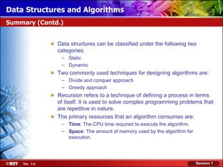 Data Structures and Algorithms
Summary (Contd.)


               Data structures can be classified under the following two
               categories:
                – Static
                – Dynamic
               Two commonly used techniques for designing algorithms are:
                – Divide and conquer approach
                – Greedy approach
               Recursion refers to a technique of defining a process in terms
               of itself. It is used to solve complex programming problems that
               are repetitive in nature.
               The primary resources that an algorithm consumes are:
                – Time: The CPU time required to execute the algorithm.
                – Space: The amount of memory used by the algorithm for
                  execution.




    Ver. 1.0                                                              Session 1
 