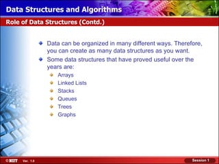 Data Structures and Algorithms
Role of Data Structures (Contd.)


                Data can be organized in many different ways. Therefore,
                you can create as many data structures as you want.
                Some data structures that have proved useful over the
                years are:
                   Arrays
                   Linked Lists
                   Stacks
                   Queues
                   Trees
                   Graphs




     Ver. 1.0                                                       Session 1
 