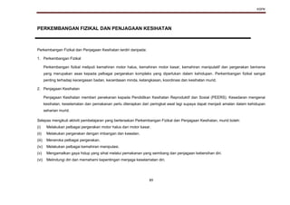 KSPK
89
PERKEMBANGAN FIZIKAL DAN PENJAGAAN KESIHATAN
Perkembangan Fizikal dan Penjagaan Kesihatan terdiri daripada:
1. Perkembangan Fizikal
Perkembangan fizikal meliputi kemahiran motor halus, kemahiran motor kasar, kemahiran manipulatif dan pergerakan berirama
yang merupakan asas kepada pelbagai pergerakan kompleks yang diperlukan dalam kehidupan. Perkembangan fizikal sangat
penting terhadap kecergasan badan, kecerdasan minda, ketangkasan, koordinasi dan kesihatan murid.
2. Penjagaan Kesihatan
Penjagaan Kesihatan memberi penekanan kepada Pendidikan Kesihatan Reproduktif dan Sosial (PEERS). Kesedaran mengenai
kesihatan, keselamatan dan pemakanan perlu diterapkan dari peringkat awal lagi supaya dapat menjadi amalan dalam kehidupan
seharian murid.
Selepas mengikuti aktiviti pembelajaran yang berteraskan Perkembangan Fizikal dan Penjagaan Kesihatan, murid boleh:
(i) Melakukan pelbagai pergerakan motor halus dan motor kasar.
(ii) Melakukan pergerakan dengan imbangan dan kawalan.
(iii) Meneroka pelbagai pergerakan.
(iv) Melakukan pelbagai kemahiran manipulasi.
(v) Mengamalkan gaya hidup yang sihat melalui pemakanan yang seimbang dan penjagaan kebersihan diri.
(vi) Melindungi diri dan memahami kepentingan menjaga keselamatan diri.
 