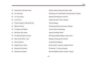 KSPK
167
27. Karamjit Kaur A/P Kartar Singh SK Wan Sulaiman Sidiq, Alor Setar, Kedah
28. Lim Keat Heng IPG Kampus Tun Abdul Razak, Kota Samarahan, Sarawak
29. Lim Yock Chong Bahagian Pembangunan Kurikulum
30. Low Pooi Yin Tadika Seri Soka, Cheras, Selangor
31. Profesor Madya Dr. Mariani Md. Nor Universiti Malaya
32. Marina binti Siraj SK Kampong Rinching, Beranang, Selangor
33. Dr. Mastura binti Badzis Universiti Islam Antarabangsa
34. Mat Shaari Abu Hassan Jabatan Pendidikan Kedah
35. Dr. Mohamed Ayob bin Sukani IPG Kampus Bahasa Melayu, Kuala Lumpur
36. Muhd. Nizam Mohd. Yusof Bahagian Pembangunan Kurikulum
37. Nani binti Menon Universiti Putra Malaysia
38. Natapah binti Hj. Harun SK LB Johnson, Seremban, Negeri Sembilan
39. Noorhana binti Rahmat SK Seksyen 1, Puchong, Selangor
40. Noorjahan binti Sultan SK Indera Mahkota Utama, Kuantan, Pahang
 