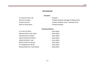 KSPK
172
PENGHARGAAN
Penasihat
Dr. Sariah binti Abd. Jalil - Pengarah
Shamsuri bin Sujak - Timbalan Pengarah (sehingga 30 Oktober 2016)
Rusnani binti Sirin - Timbalan Pengarah (mulai 1 November 2016)
Datin Dr. Ng Soo Boon - Timbalan Pengarah
Penasihat Editorial
Dr. A’azmi bin Shahri - Ketua Sektor
Mohamed Zaki bin Abd. Ghani - Ketua Sektor
Haji Naza Idris bin Saadon - Ketua Sektor
Hajah Chetrilah binti Othman - Ketua Sektor
Zaidah binti Mohd. Yusof - Ketua Sektor
Mohd Faudzan bin Hamzah - Ketua Sektor
Dr. Rusilawati binti Othman - Ketua Sektor
Mohamed Salim bin Taufix Rashidi - Ketua Sektor
 