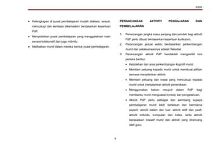 KSPK
9
 Kelengkapan di pusat pembelajaran mudah diakses, sesuai,
mencukupi dan sentiasa dikemaskini berdasarkan keperluan
PdP.
 Menyediakan pusat pembelajaran yang menggalakkan main
secara kolaboratif dan juga individu.
 Melibatkan murid dalam mereka bentuk pusat pembelajaran.
PERANCANGAN AKTIVITI PENGAJARAN DAN
PEMBELAJARAN
1. Perancangan jangka masa panjang dan pendek bagi aktiviti
PdP perlu dibuat berdasarkan keperluan kurikulum.
2. Perancangan jadual waktu berdasarkan perkembangan
murid dan pelaksanaannya adalah fleksibel.
3. Perancangan aktiviti PdP hendaklah mengambil kira
perkara berikut:
 Kebolehan dan aras perkembangan kognitif murid.
 Memberi peluang kepada murid untuk membuat pilihan
semasa menjalankan aktiviti.
 Memberi peluang dan masa yang mencukupi kepada
murid untuk menjalankan aktiviti penerokaan.
 Menggunakan bahan maujud dalam PdP bagi
membantu murid menguasai konsep dan pengetahuan.
 Aktiviti PdP perlu pelbagai dan seimbang supaya
pembelajaran murid lebih berkesan dan bermakna
seperti: aktiviti dalam dan luar; aktiviti aktif dan pasif;
aktiviti individu, kumpulan dan kelas; serta aktiviti
berasaskan inisiatif murid dan aktiviti yang dirancang
oleh guru.
 