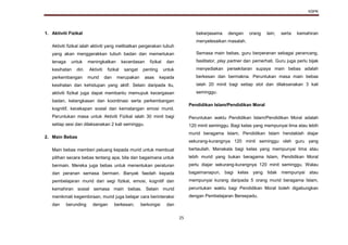 KSPK
25
1. Aktiviti Fizikal
Aktiviti fizikal ialah aktiviti yang melibatkan pergerakan tubuh
yang akan menggerakkan tubuh badan dan memerlukan
tenaga untuk meningkatkan kecerdasan fizikal dan
kesihatan diri. Aktiviti fizikal sangat penting untuk
perkembangan murid dan merupakan asas kepada
kesihatan dan kehidupan yang aktif. Selain daripada itu,
aktiviti fizikal juga dapat membantu memupuk kecergasan
badan, ketangkasan dan koordinasi serta perkembangan
kognitif, kecekapan sosial dan kematangan emosi murid.
Peruntukan masa untuk Aktiviti Fizikal ialah 30 minit bagi
setiap sesi dan dilaksanakan 2 kali seminggu.
2. Main Bebas
Main bebas memberi peluang kepada murid untuk membuat
pilihan secara bebas tentang apa, bila dan bagaimana untuk
bermain. Mereka juga bebas untuk menentukan peraturan
dan peranan semasa bermain. Banyak faedah kepada
pembelajaran murid dari segi fizikal, emosi, kognitif dan
kemahiran sosial semasa main bebas. Selain murid
menikmati kegembiraan, murid juga belajar cara berinteraksi
dan berunding dengan berkesan; berkongsi dan
bekerjasama dengan orang lain; serta kemahiran
menyelesaikan masalah.
Semasa main bebas, guru berperanan sebagai perancang,
fasilitator, play partner dan pemerhati. Guru juga perlu bijak
menyediakan persekitaran supaya main bebas adalah
berkesan dan bermakna. Peruntukan masa main bebas
ialah 20 minit bagi setiap slot dan dilaksanakan 3 kali
seminggu.
Pendidikan Islam/Pendidikan Moral
Peruntukan waktu Pendidikan Islam/Pendidikan Moral adalah
120 minit seminggu. Bagi kelas yang mempunyai lima atau lebih
murid beragama Islam, Pendidikan Islam hendaklah diajar
sekurang-kurangnya 120 minit seminggu oleh guru yang
bertauliah. Manakala bagi kelas yang mempunyai lima atau
lebih murid yang bukan beragama Islam, Pendidikan Moral
perlu diajar sekurang-kurangnya 120 minit seminggu. Walau
bagaimanapun, bagi kelas yang tidak mempunyai atau
mempunyai kurang daripada 5 orang murid beragama Islam,
peruntukan waktu bagi Pendidikan Moral boleh digabungkan
dengan Pembelajaran Bersepadu.
 