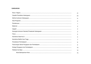 KANDUNGAN
Rukun Negara........................................................................................................................................................... vii
Falsafah Pendidikan Kebangsaan............................................................................................................................. viii
Definisi Kurikulum Kebangsaan................................................................................................................................. ix
Kata Pengantar.......................................................................................................................................................... xi
Pendahuluan.............................................................................................................................................................. 1
Matlamat ................................................................................................................................................................... 2
Objektif ...................................................................................................................................................................... 2
Kerangka Kurikulum Standard Prasekolah Kebangsaan........................................................................................... 3
Fokus ........................................................................................................................................................................ 5
Kemahiran Abad Ke-21.............................................................................................................................................. 5
Kemahiran Berfikir Aras Tinggi.................................................................................................................................. 7
Persekitaran Pembelajaran ....................................................................................................................................... 8
Perancangan Aktiviti Pengajaran dan Pembelajaran ................................................................................................ 9
Strategi Pengajaran dan Pembelajaran .................................................................................................................... 10
Pelibatan Ibu Bapa .................................................................................................................................................... 14
Murid Berkeperluan Khas ............................................................................................................................. 15
 