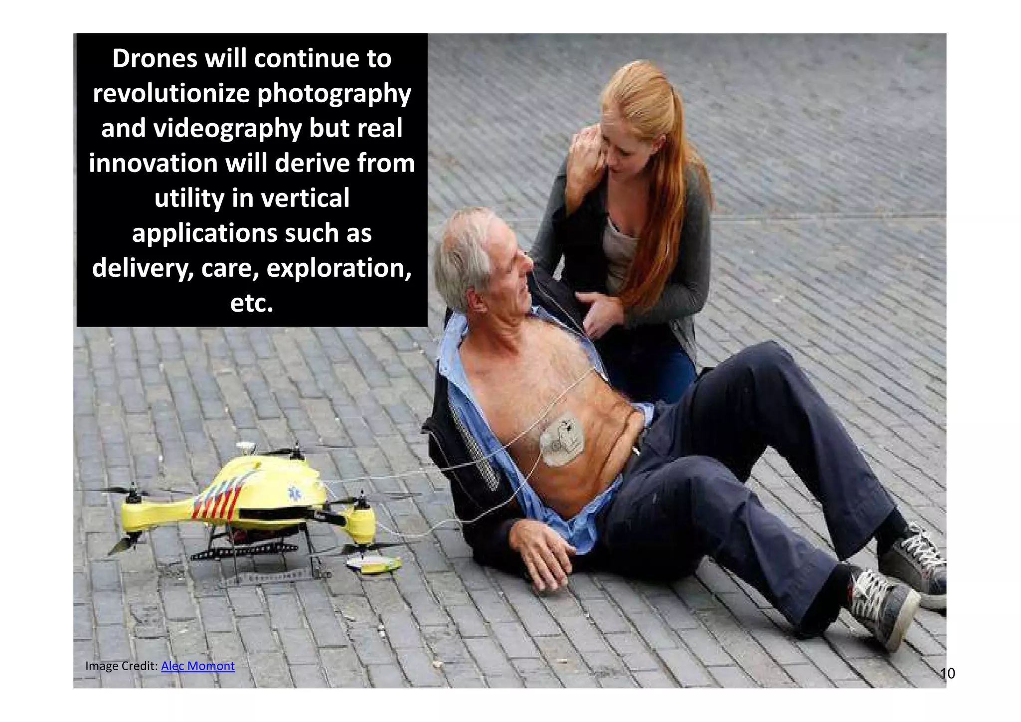 Danairat T.
Drones will continue to
revolutionize photography
and videography but real
innovation will derive from
utility in vertical
applications such as
delivery, care, exploration,
etc.
Image Credit: Alec Momont
10
 