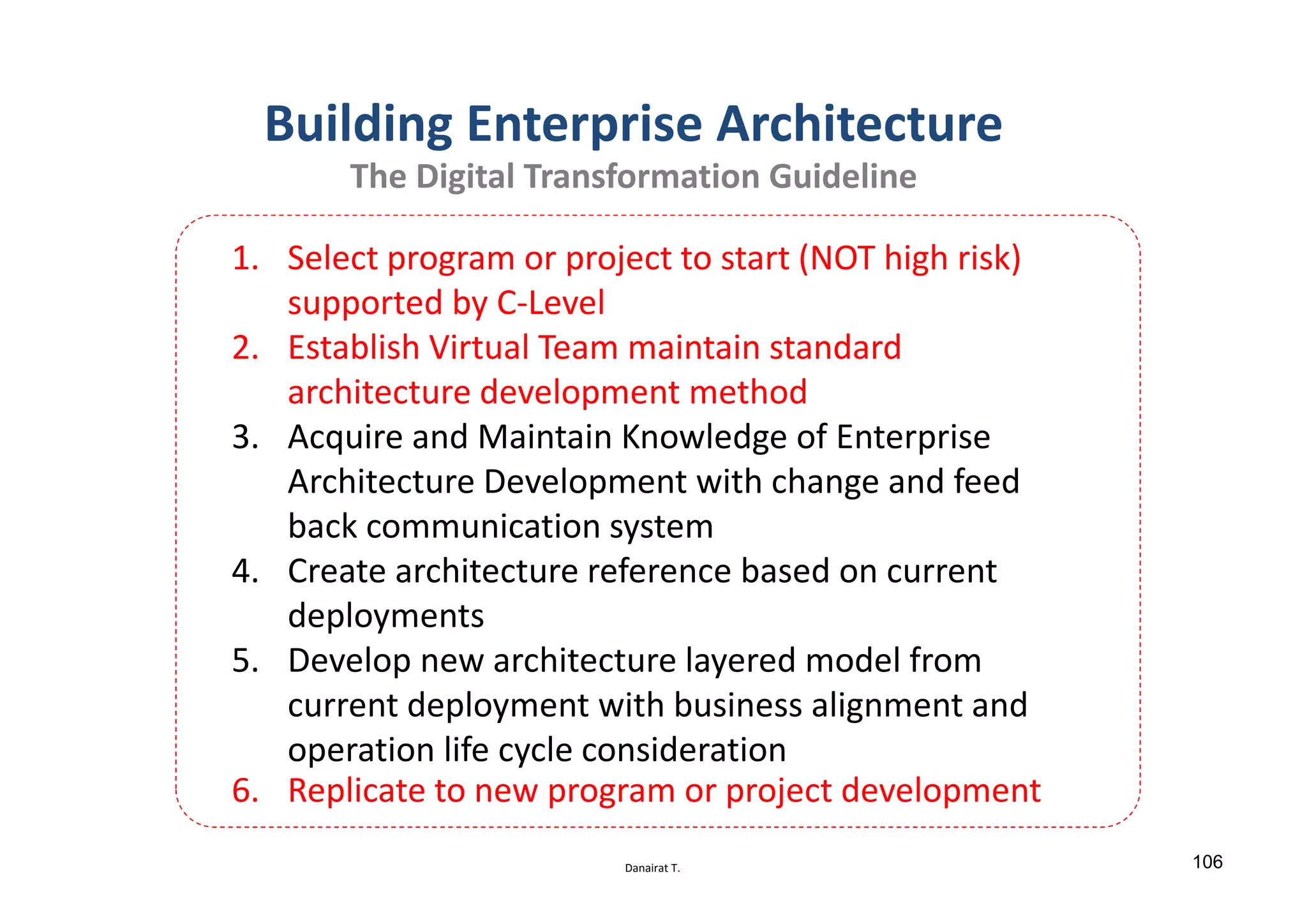 Danairat T.
Building Enterprise Architecture
The Digital Transformation Guideline
1. Select program or project to start (NOT high risk)
supported by C-Level
2. Establish Virtual Team maintain standard
architecture development method
3. Acquire and Maintain Knowledge of Enterprise
Architecture Development with change and feed
back communication system
4. Create architecture reference based on current
deployments
5. Develop new architecture layered model from
current deployment with business alignment and
operation life cycle consideration
6. Replicate to new program or project development
106
 