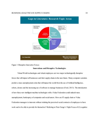 BUSINESS ANALYTICS IN SUPPLY CHAINS 10
Figure 1 Disruptive Innovative Forces
Innovations and Disruptive Technologies
Virtual World technologies and virtual employees are two major technologically disruptive
forces that will impact all businesses and their supply chains in the near future. Many computer scientists
predict a mass unemployment crisis that will impact the world from the use of Artificial Intelligence,
robots, drones and the increasing use of software to manage businesses (Ford, 2013). The introduction
of new these new intelligent machine technologies with a Value Federation could unleash mass
unemployment, bankruptcy of companies and social unrest. How are IT supply chain or Value
Federation managers to innovate without violating the perceived social contracts of employees to have
work and to be able to provide for themselves? Referring to Peter Senge’s Triple Focus of (1) cognitive
 