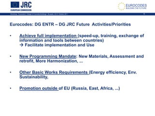 Workshop: “Eurocode 2: Design of Concrete Buildings”, Brussels, 20-21 October 2011 18
Eurocodes: DG ENTR – DG JRC Future Activities/Priorities
• Achieve full implementation (speed-up, training, exchange of
information and tools between countries)
 Facilitate implementation and Use
• New Programming Mandate: New Materials, Assessment and
retrofit, More Harmonization, ...
• Other Basic Works Requirements (Energy efficiency, Env.
Sustainability,
• Promotion outside of EU (Russia, East, Africa, ...)
 