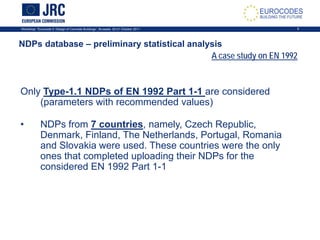 Workshop: “Eurocode 2: Design of Concrete Buildings”, Brussels, 20-21 October 2011 9
Only Type-1.1 NDPs of EN 1992 Part 1-1 are considered
(parameters with recommended values)
• NDPs from 7 countries, namely, Czech Republic,
Denmark, Finland, The Netherlands, Portugal, Romania
and Slovakia were used. These countries were the only
ones that completed uploading their NDPs for the
considered EN 1992 Part 1-1
NDPs database – preliminary statistical analysis
A case study on EN 1992
 