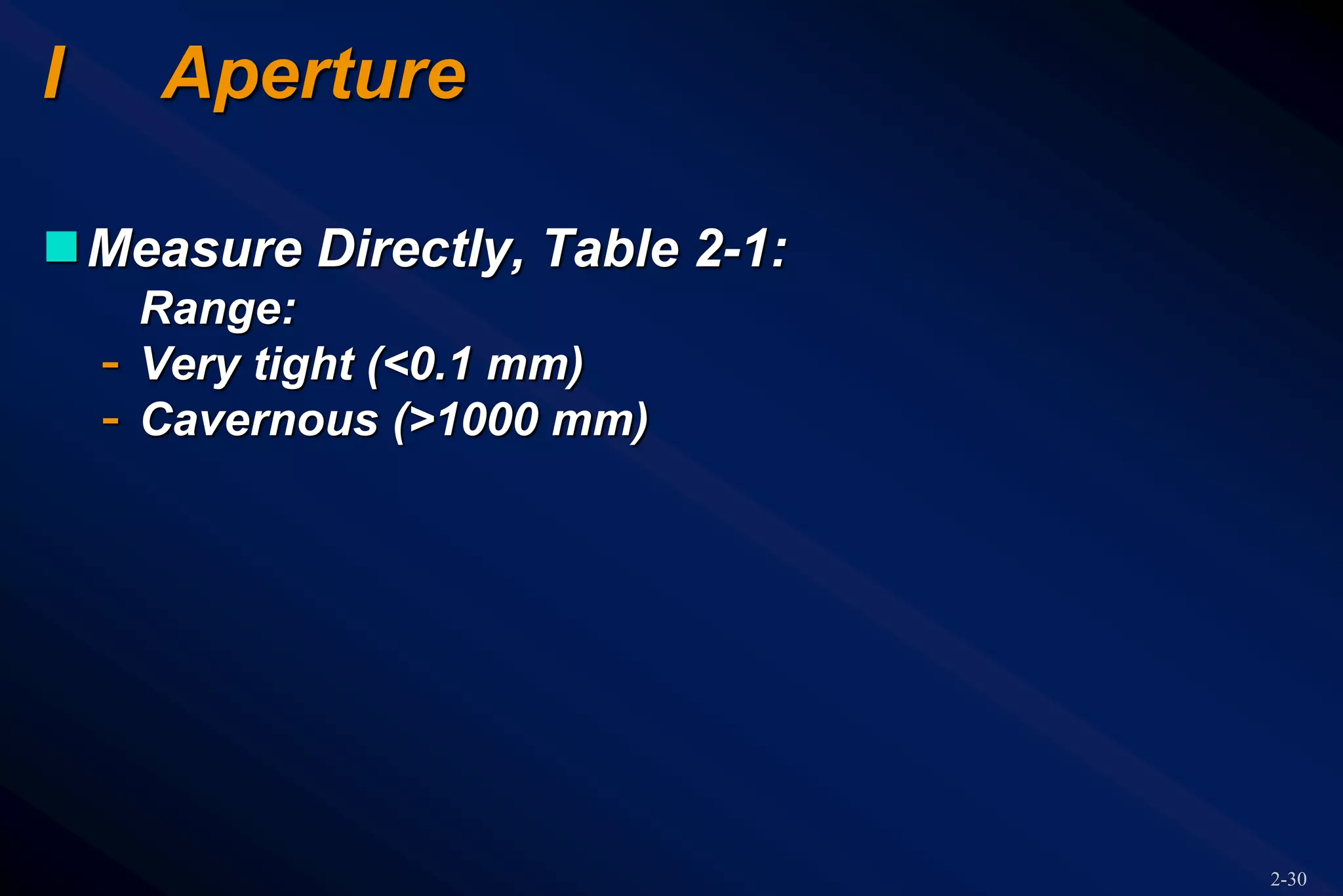 2-30
I Aperture
Measure Directly, Table 2-1:
Range:
- Very tight (<0.1 mm)
- Cavernous (>1000 mm)
 