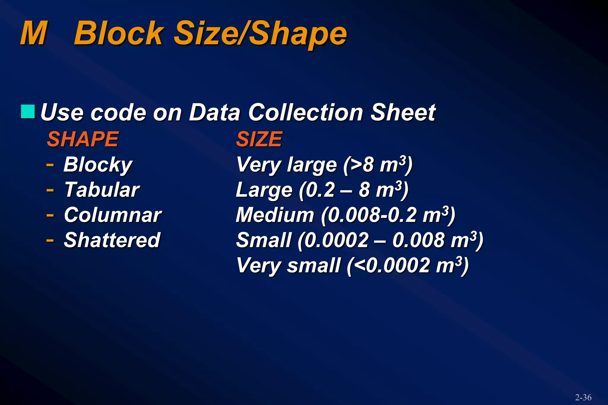 2-36
M Block Size/Shape
Use code on Data Collection Sheet
SHAPE SIZE
- Blocky Very large (>8 m3)
- Tabular Large (0.2 – 8 m3)
- Columnar Medium (0.008-0.2 m3)
- Shattered Small (0.0002 – 0.008 m3)
Very small (<0.0002 m3)
 