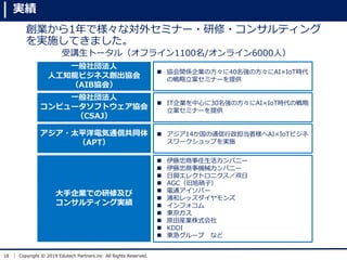 18 Copyright ? 2019 Edutech Partners.inc All Rights Reserved.
I1ǘʌ⥻ߥʩ`??󥵥ƥ
gʩƤޤ
vȩ`루ե饤1100/饤6000ˣ
?̫ƽ늚ͨŹͬ
APT
? 14ͨߘAIIoTӥ
`åפgʩ
һⷨ
ԥ`եȥf
CSAJ
? ITIĤ30ηAIIoTrΑ
ߥʩ`ṩ
һⷨ
˹֪ܥӥͥf
AIBfᣩ
? fvSIη40ηAIIoTr
Αߥʩ`ṩ
IǤ޼
󥵥ƥ󥰌g
? סѥ˩`
? Cеѥ˩`
? d쥯ȥ˥˫
? AGCӣ
? ͨЩ`
? ֺͥå
? ե
? |
? ԭbIʽ
? KDDI
? |` ʤ
g
 