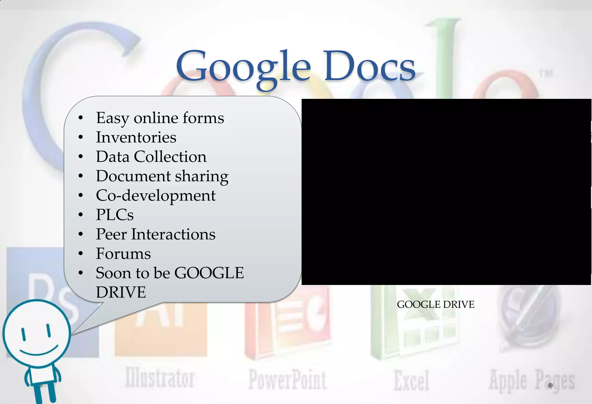 Google Docs
•   Easy online forms
•   Inventories
•   Data Collection
•   Document sharing
•   Co-development
•   PLCs
•   Peer Interactions
•   Forums
•   Soon to be GOOGLE
    DRIVE
                        GOOGLE DRIVE
 