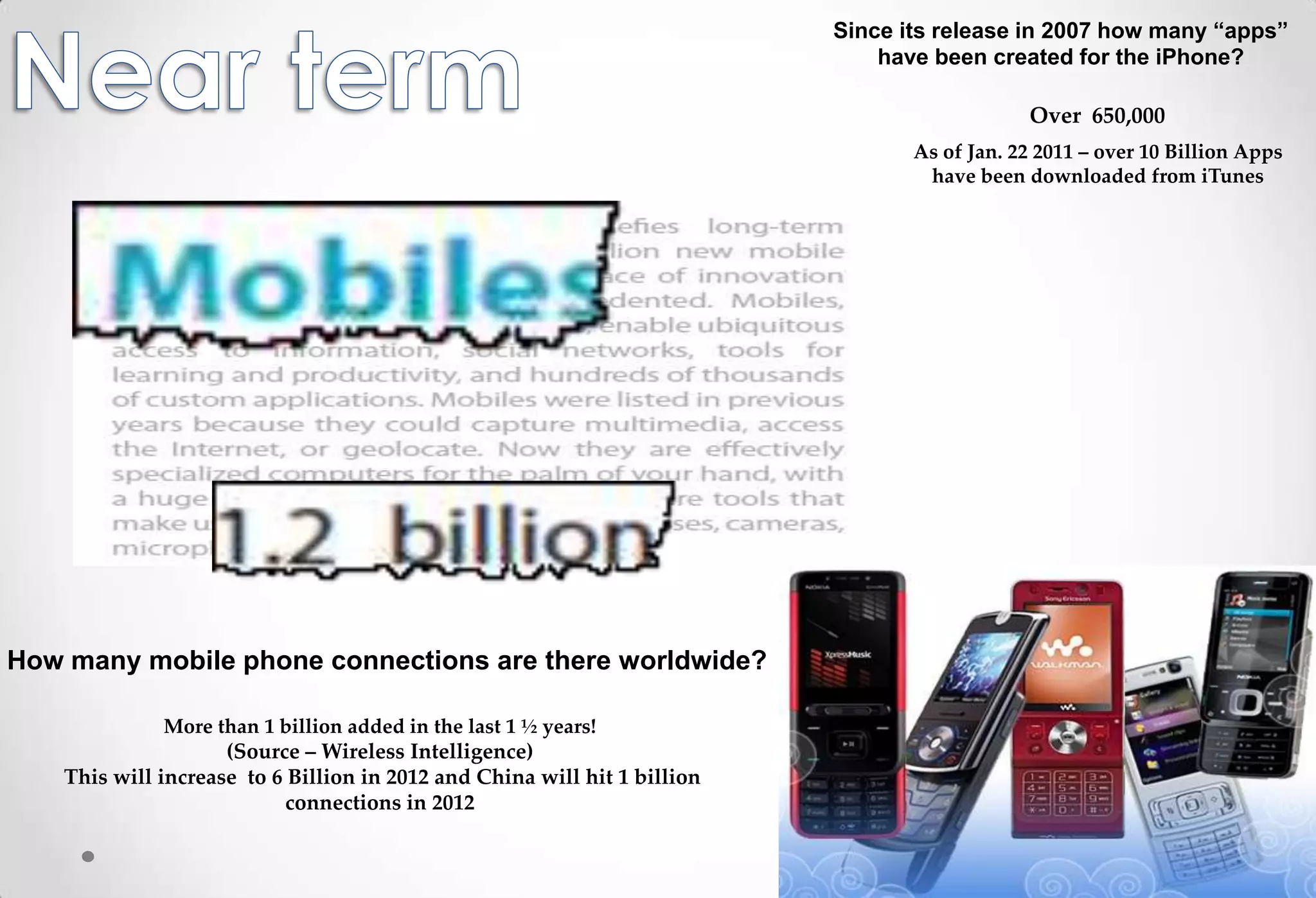 Since its release in 2007 how many “apps”
                                                                               have been created for the iPhone?

                                                                                              Over 650,000
                                                                                  As of Jan. 22 2011 – over 10 Billion Apps
                                                                                   have been downloaded from iTunes




How many mobile phone connections are there worldwide?

              More than 1 billion added in the last 1 ½ years!
                     (Source – Wireless Intelligence)
    This will increase to 6 Billion in 2012 and China will hit 1 billion
                            connections in 2012
 