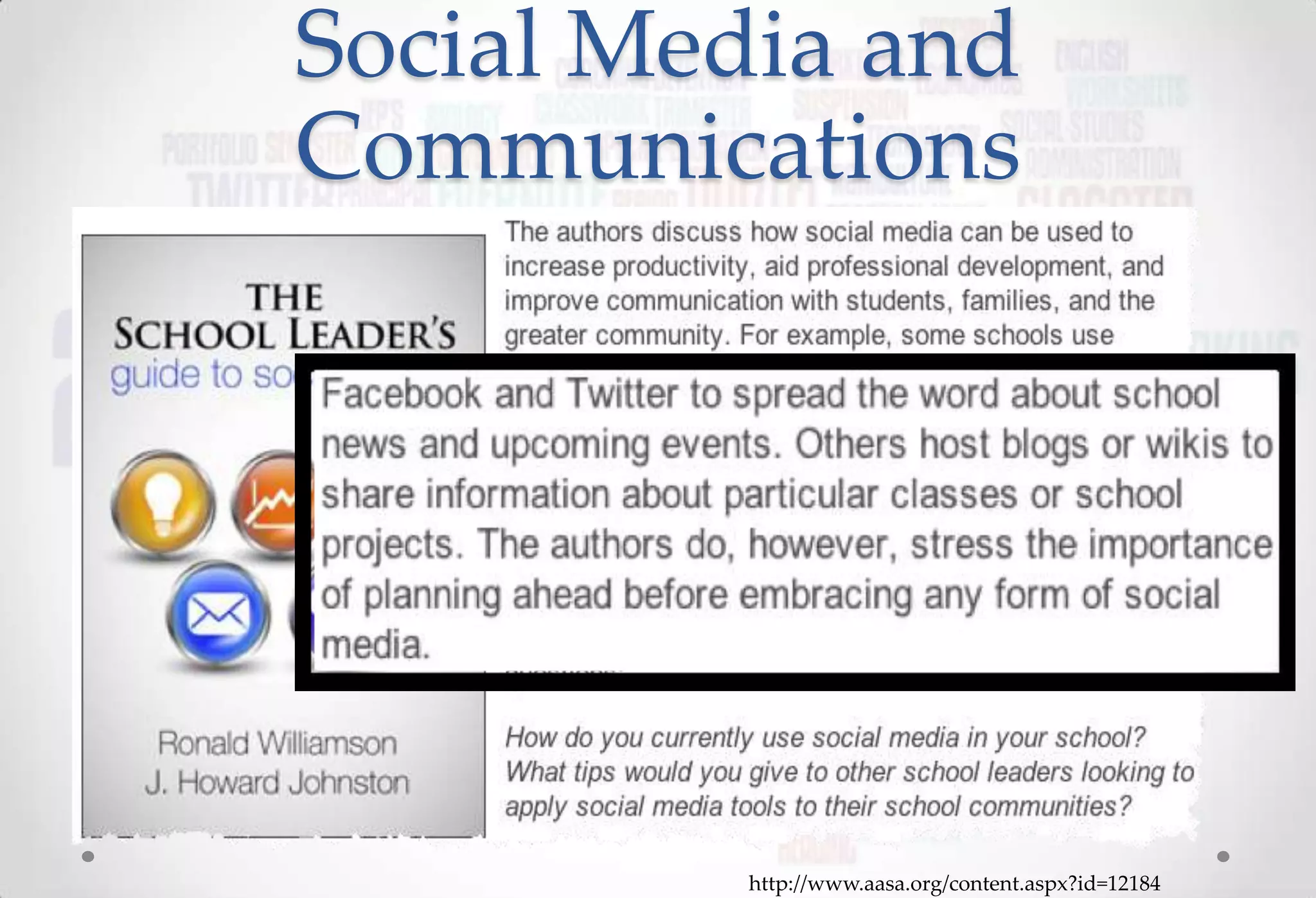 Social Media and
Communications




          http://www.aasa.org/content.aspx?id=12184
 