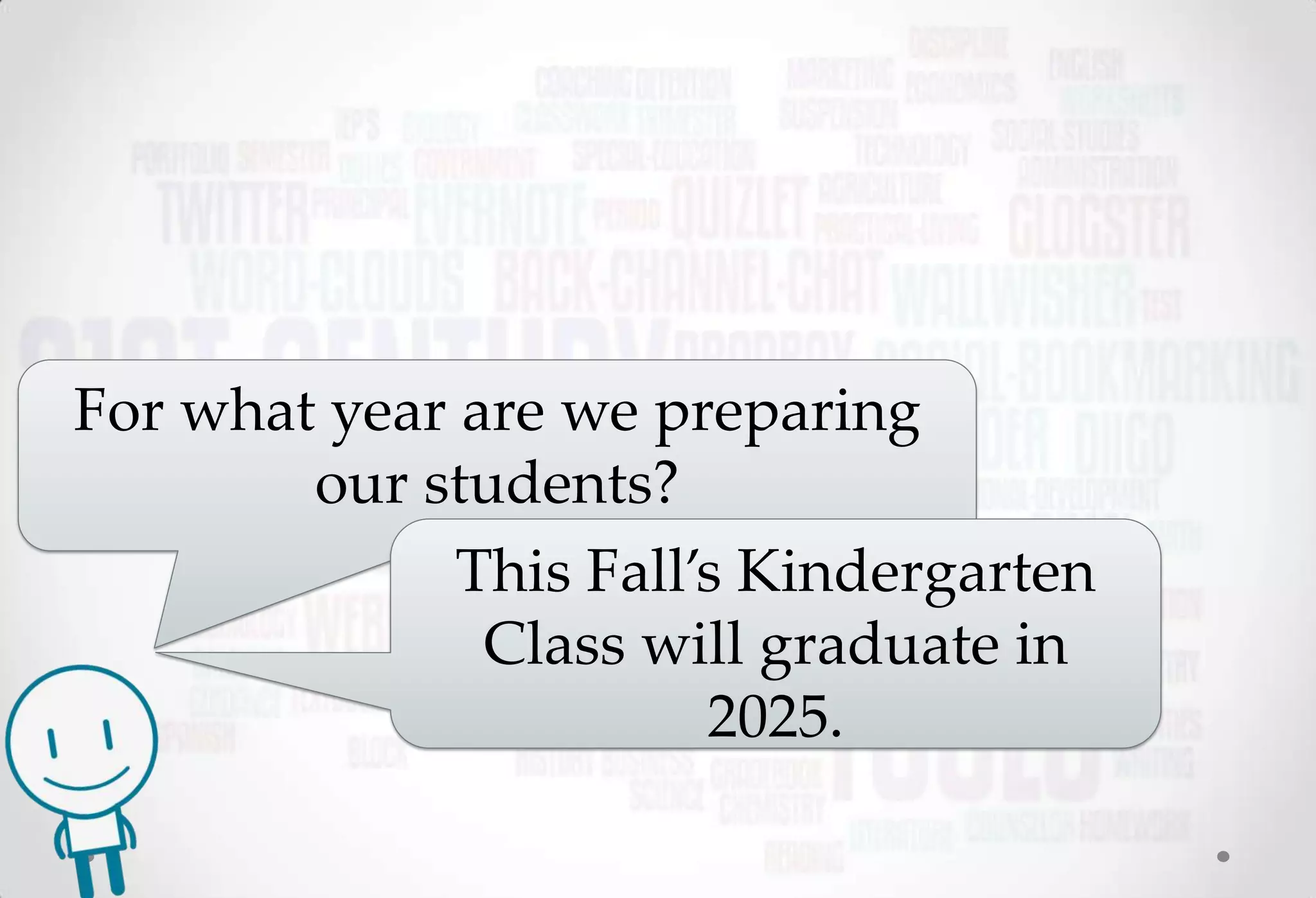 For what year are we preparing
        our students?
              This Fall’s Kindergarten
               Class will graduate in
                        2025.
 