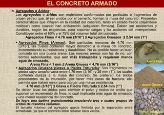 b. Agregados o Áridos:
Los agregados o áridos son materiales conformados por partículas o fragmentos de
origen pétreo que, al ser unidos por el cemento, forman la masa del concreto. Presentan
características que influyen en la calidad del concreto, tanto en estado fresco (dejándose
moldear) como cuando han endurecido (adquieren firmeza). Deben ser resistentes y
durables, según las exigencias, para soportar cargas y las acciones del intemperismo.
Constituyen entre el 60% y el 75% del volumen total del concreto.
Agregados Finos < 4.76 mm (3/16”) ≤ Agregados Gruesos ≤ 2.54 mm (1”)
 Agregados Finos (Arenas): Son partículas menores de 4.76 mm
(3/16”), las cuales confieren mayor densidad a la masa del concreto,
incrementando su resistencia y durabilidad. No es posible hacer un buen
concreto sin una buena arena. Las mejores arenas son las de río, con
bordes redondeados, que son más trabajables y requieren menos
agua de amasado.
Arena Fina < 1 mm ≤ Arena Gruesa < 4.76 mm (3/16”)
 Agregados Gruesos (Grava o Piedra Triturada): Son fragmentos de
piedra cuyo tamaño varía entre 4.76 mm (3/16”) y 25 mm (1”), los cuales
confieren dureza a la masa del concreto. Se prefieren los áridos
procedentes de la trituración, por tener más caras de fractura; ello
permite que traben mejor para otorgar una mayor resistencia.
4.76 mm (3/16”) ≤ Grava o Piedra Triturada ≤ 2.54 mm (1”)
Se deben lavar los áridos para eliminar el polvo y restos de arcilla que
suponen un incremento de finos, lo cual implicaría más agua de amasado
y una menor resistencia del concreto.
Se logra una óptima granulometría mezclando tres o cuatro grupos de
áridos de distintos tamaños.
El tamaño máximo del agregado queda limitado por la separación entre
armaduras, ya que el concreto debe rellenar esos vacíos.
Arena Fina
Arena Gruesa
Piedra Triturada
EL CONCRETO ARMADO
 
