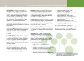 14 La innovación en modelos de negocio en empresas rurales 
Rastreabilidad. Un requisito del nuevo Ɵ po de 
consumidor es que el producto que adquiere sea 
rastreable por medios digitales, de manera de 
idenƟ fi car el lote de producción del cual proviene 
y tener la garanơ a de que el proveedor cuenta con 
un sistema estricto de control de calidad. En casos 
extremos, pueden llegar a reƟ rarse del mercado 
lotes completos de mercancía si se detecta alguna 
condición que pudiera afectar al consumidor. 
Conservación del medio ambiente. Los productos 
que consumen no deben afectar al entorno, deben ser 
biodegradables. 
Alimentos entregados a domicilio. Los consumidores 
uƟ lizan servicios a domicilio para adquirir despensa 
o alimentos preparados, ya que esto les brinda 
comodidad y les evita tener que salir de casa después 
de trabajar. 
Comida diverƟ da. Se ha observado un incremento 
en el consumo de plaƟ llos variados, es decir, que 
un plaƟ llo contenga un poco de varios productos. El 
consumo de botanas ha ido también en aumento, 
lo mismo que la elaboración de dulces y postres, 
porque los consumidores buscan productos variados, 
diverƟ dos y sabrosos. 
EsƟ lo libre. Los hábitos de consumo se han ido 
modifi cando. Ahora, por ejemplo, las personas 
prefi eren un desayuno completo (para aprovechar 
el día con reuniones de trabajo), tomar la comida 
pesada a medio día y una cena ligera. 
Indulgencia. Pese a la gran canƟ dad de información 
que existe sobre los efectos adversos de una dieta 
rica en calorías, la ingesta de alimentos que son 
“muy malos” va en aumento, entre otras cosas, por 
la variedad y el tamaño de las porciones y porque el 
consumidor busca saƟ sfacer antojos. 
Preferencias éƟ cas. En algunos segmentos de mercado 
se ha ido ampliando la cadena de comercios de precio 
justo, y los consumidores están dispuestos a pagar 
un sobreprecio por bienes y servicios que obƟ ene de 
productores que cuidan el ambiente. 
Nuevas tecnologías confi ables. El consumidor acepta 
la aplicación de nuevas tecnologías, siempre y cuando 
se le garanƟ ce que los alimentos son más nutriƟ vos y 
seguros. 
Autotratamiento y pruebas. La adquisición de 
alimentos tanto funcionales como forƟ fi cados ha 
aumentado; la compra de suplementos vitamínicos 
y minerales ha disminuido. El consumidor busca, 
mediante la ingesta de alimentos reducir la toma de 
medicamentos. En este rubro el crecimiento de los 
llamados alimentos funcionales ha sido enorme y las 
tendencias específi cas son: 
- ForƟ fi cación con nutrientes específi cos y 
forƟ fi cación con más nutrientes. 
- Elaboración de productos para nichos de mercado 
específi cos: para reducir el colesterol, curar 
arƟ culaciones, prevenir problemas de corazón. 
- Que mejoren el esƟ lo de vida: barras y bebidas 
energéƟ cas, inmunidad, estrés, habilidad mental. 
- Productos para deporƟ stas por afi ción y 
deporƟ stas de alto rendimiento. 
- Productos para niños y forƟ fi cados para controlar 
la obesidad, la hiperacƟ vidad. 
- Productos dirigidos por género y edad. 
- Productos para control de peso, que produzcan 
sensación de saciedad y supriman el apeƟ to. 
- Botanas funcionales. 
- Mercados no tradicionales: salud ocular, 
problemas dentales, productos para controlar la 
ansiedad, alimentos para enfermos. 
Este grupo de tendencias de productos con 
caracterísƟ cas que el consumidor requiere se pueden 
representar en el árbol de tendencias (Figura 1), una 
metodología desarrollada por XTC, Word InovaƟ on.5 
5 XTC es una consultora internacional dedicada a la concepción 
y comercialización de nuevos productos de consumo masivo 
alimentarios (hƩ p://www.xtcworldinnovaƟ on.com). 
 