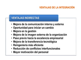 VENTAJAS DE LA INTEGRACIÓN


VENTAJAS INDIRECTAS

•   Mejora de la comunicación interna y externa
•   Oportunidad para iniciar un cambio
•   Mejora en la gestión
•   Mejora de la imagen externa de la organización
•   Paso previo hacia la excelencia empresarial
•   Mejora de la transferencia tecnológica
•   Reingeniería más eficiente
•   Reducción de conflictos interfuncionales
•   Mayor motivación del personal
 