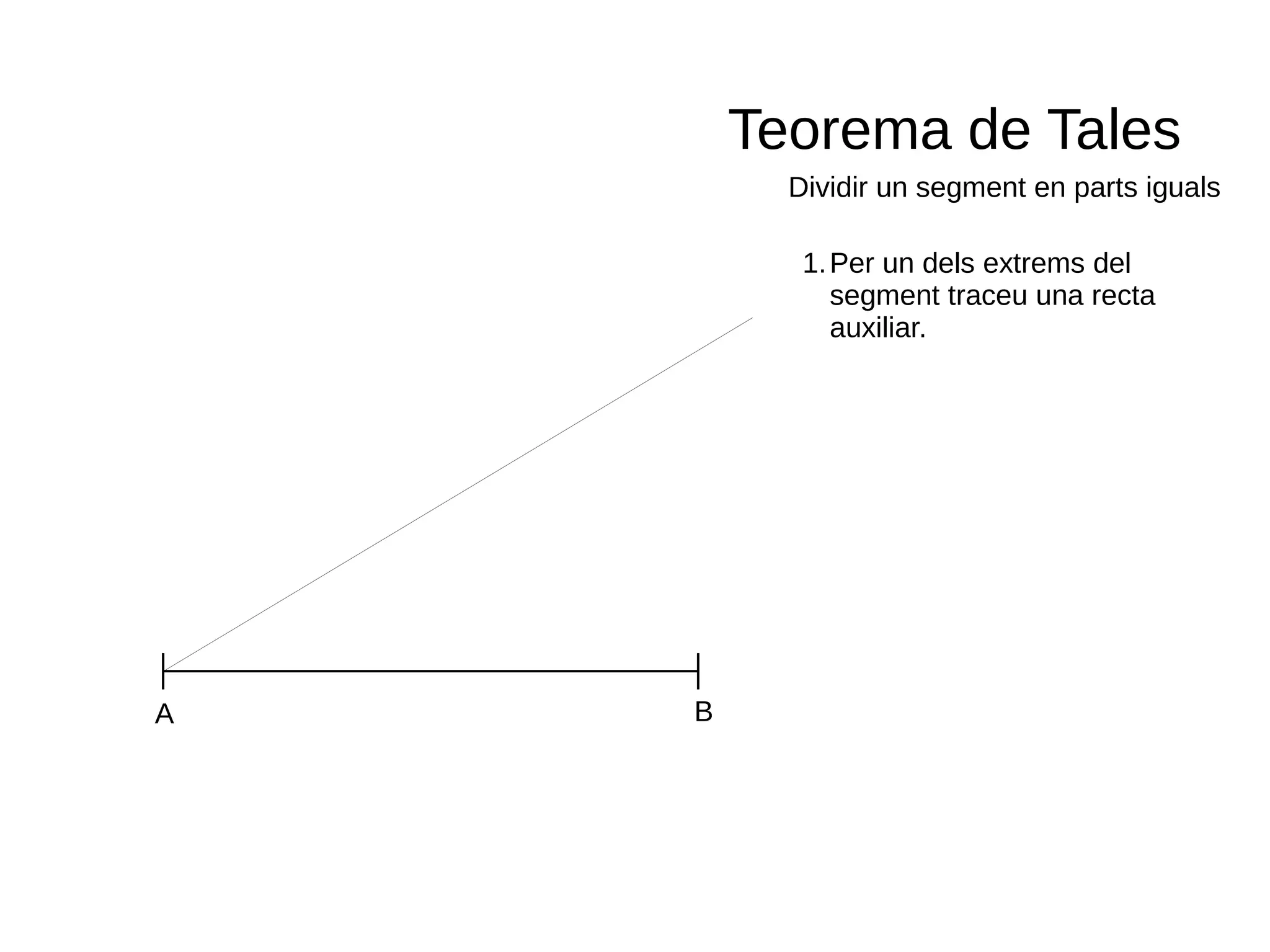 Teorema de Tales
A B
1.Per un dels extrems del
segment traceu una recta
auxiliar.
Dividir un segment en parts iguals
 