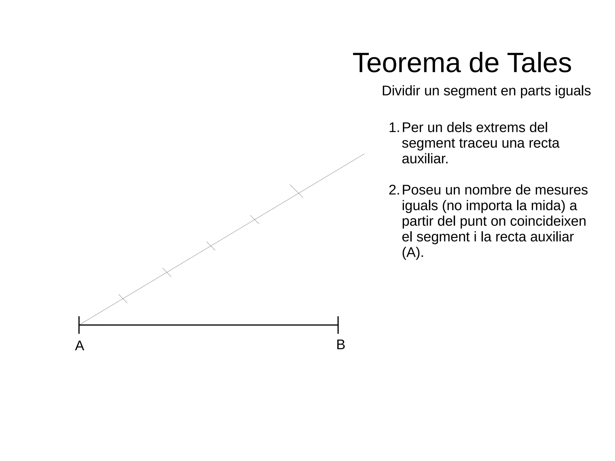 Teorema de Tales
Dividir un segment en parts iguals
A B
1.Per un dels extrems del
segment traceu una recta
auxiliar.
2.Poseu un nombre de mesures
iguals (no importa la mida) a
partir del punt on coincideixen
el segment i la recta auxiliar
(A).
 