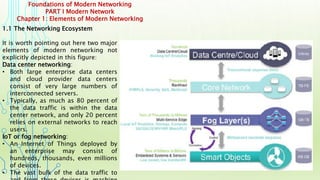 Foundations of Modern Networking
PART I Modern Network
Chapter 1: Elements of Modern Networking
1.1 The Networking Ecosystem
It is worth pointing out here two major
elements of modern networking not
explicitly depicted in this figure:
Data center networking:
• Both large enterprise data centers
and cloud provider data centers
consist of very large numbers of
interconnected servers.
• Typically, as much as 80 percent of
the data traffic is within the data
center network, and only 20 percent
relies on external networks to reach
users.
IoT or fog networking:
• An Internet of Things deployed by
an enterprise may consist of
hundreds, thousands, even millions
of devices.
• The vast bulk of the data traffic to
 