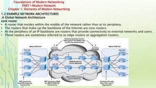 Foundations of Modern Networking
PART I Modern Network
Chapter 1: Elements of Modern Networking
1.2 EXAMPLE NETWORK ARCHITECTURES
.A Global Network Architecture
core router
• A router that resides within the middle of the network rather than at its periphery.
• The routers that make up the backbone of the Internet are core routers.
• At the periphery of an IP backbone are routers that provide connectivity to external networks and users.
• These routers are sometimes referred to as edge routers or aggregation routers.
 