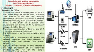 Foundations of Modern Networking
PART I Modern Network
Chapter 1: Elements of Modern Networking
1.3 ETHERNET
Ethernet in the Office
• .Early on there were some competitors, such as
IBM’s Token Ring LAN and the Fiber Distributed
Data Interface (FDDI), but the simplicity,
performance, and wide availability of Ethernet
hardware eventually made Ethernet the winner.
• Much of the traffic in a typical office
environment now travels on Wi-Fi, particularly
to support mobile devices
• Therefore, a combination of Ethernet and Wi-Fi
is the most common architecture.
• The LAN connects to the Internet/WANs via a
firewall.
• A hierarchical arrangement of routers and
switches provides the interconnection of
servers, fixed user devices, and wireless
devices.
• Typically, wireless devices are only attached at
the edge or bottom of the hierarchical
architecture; the rest of the campus
 