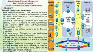 Foundations of Modern Networking
PART I Modern Network
Chapter 1: Elements of Modern Networking
1.3 ETHERNET
Ethernet for Wide-Area Networking
• More telecommunications and network providers
have switched to Ethernet from alternative schemes
to support wide-area access (also referred to as
first mile or last mile).
• Ethernet is supplanting a variety of other wide area
options, such as dedicated T1 lines, synchronous
digital hierarchy (SDH) lines, and Asynchronous
Transfer Mode (ATM).
• When used in this fashion, the term carrier Ethernet
is applied.
• The term metro Ethernet, or metropolitanarea
network (MAN) Ethernet, is also used.
• Ethernet has the advantage that it seamlessly fits
into the enterprise network for which it provides
wide-area access.
• But a more important advantage is that carrier
Ethernet provides much more flexibility in terms of
the data rate capacity that is used, compared to
traditional wide-area alternatives.
 