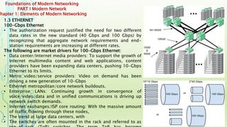 Foundations of Modern Networking
PART I Modern Network
Chapter 1: Elements of Modern Networking
1.3 ETHERNET
100-Gbps Ethernet
• The authorization request justified the need for two different
data rates in the new standard (40 Gbps and 100 Gbps) by
recognizing that aggregate network requirements and end-
station requirements are increasing at different rates.
The following are market drivers for 100-Gbps Ethernet:
• Data center/Internet media providers: To support the growth of
Internet multimedia content and web applications, content
providers have been expanding data centers, pushing 10-Gbps
Ethernet to its limits.
• Metro video/service providers: Video on demand has been
driving a new generation of 10-Gbps
• Ethernet metropolitan/core network buildouts.
• Enterprise LANs: Continuing growth in convergence of
voice/video/data and in unified communications is driving up
network switch demands.
• Internet exchanges/ISP core routing: With the massive amount
of traffic flowing through these nodes,
• The trend at large data centers, with
• The switches are often mounted in the rack and referred to as
 
