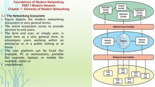 Foundations of Modern Networking
PART I Modern Network
Chapter 1: Elements of Modern Networking
1.1 The Networking Ecosystem
• Figure depicts the modern networking
ecosystem in very general terms.
• The entire ecosystem exists to provide
services to end users.
• The term end user, or simply user, is
used here as a very general term, to
encompass users working within an
enterprise or in a public setting or at
home.
• The user platform can be fixed (for
example, PC or workstation), portable
(for example, laptop), or mobile (for
example, tablet or
• smartphone).
 