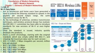 Foundations of Modern Networking
PART I Modern Network
Chapter 1: Elements of Modern Networking
1.4 WI-FI
Wi-Fi Data Rates
• Just as businesses and home users have generated a
need to extend the Ethernet standard to speeds in the
gigabits per second (Gbps) range, the same
requirement exists for Wi-Fi.
• As the technology of antennas, wireless transmission
techniques, and wireless protocol design has evolved,
the IEEE 802.11 committee has been able to introduce
standards for new versions of Wi-Fi at ever-higher
speeds.
• Once the standard is issued, industry quickly
develops the products.
• Here’s a brief chronology, starting with the original
standard, which was simply called IEEE 802.11, and
showing the maximum data rate for each version :
• 802.11 (1997): 2 Mbps (megabits per second, million
bits per second)
• 802.11a (1999): 54 Mbps
• 802.11b (1999): 11 Mbps
• 802.11n (1999): 600 Mbps
• 802.11g (2003): 54 Mbps
 