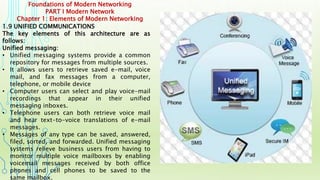 Foundations of Modern Networking
PART I Modern Network
Chapter 1: Elements of Modern Networking
1.9 UNIFIED COMMUNICATIONS
The key elements of this architecture are as
follows:
Unified messaging:
• Unified messaging systems provide a common
repository for messages from multiple sources.
• It allows users to retrieve saved e-mail, voice
mail, and fax messages from a computer,
telephone, or mobile device
• Computer users can select and play voice-mail
recordings that appear in their unified
messaging inboxes.
• Telephone users can both retrieve voice mail
and hear text-to-voice translations of e-mail
messages.
• Messages of any type can be saved, answered,
filed, sorted, and forwarded. Unified messaging
systems relieve business users from having to
monitor multiple voice mailboxes by enabling
voicemail messages received by both office
phones and cell phones to be saved to the
same mailbox.
 