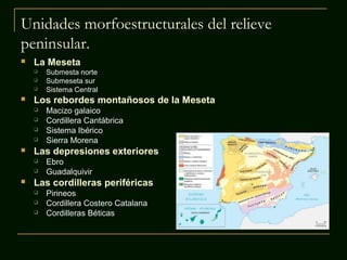 Unidades morfoestructurales del relieve
peninsular.
 La Meseta
 Submesta norte
 Submeseta sur
 Sistema Central
 Los rebordes montañosos de la Meseta
 Macizo galaico
 Cordillera Cantábrica
 Sistema Ibérico
 Sierra Morena
 Las depresiones exteriores
 Ebro
 Guadalquivir
 Las cordilleras periféricas
 Pirineos
 Cordillera Costero Catalana
 Cordilleras Béticas
 