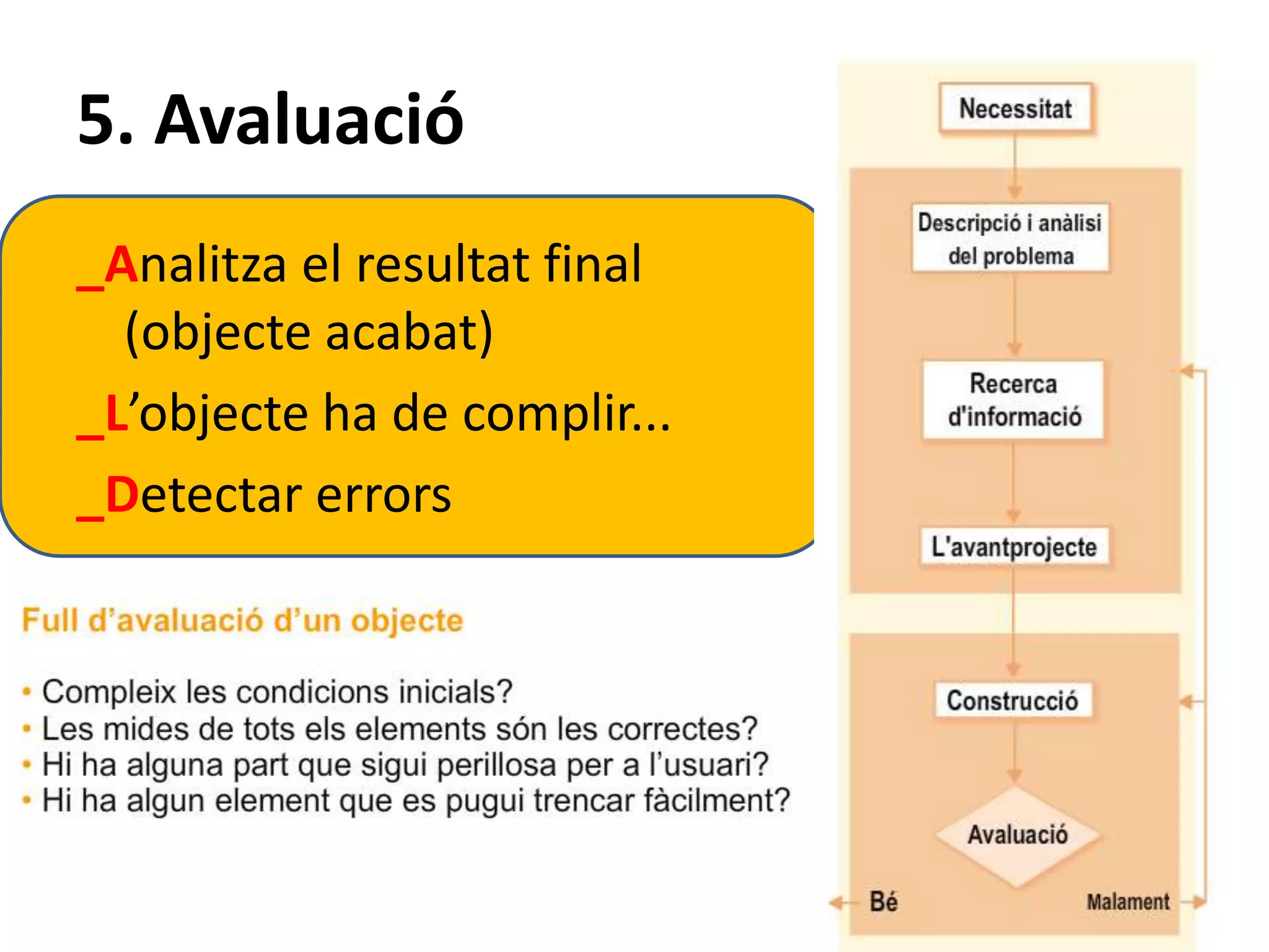 5. Avaluació 
_Analitza el resultat final 
(objecte acabat) 
_L’objecte ha de complir... 
_Detectar errors 
 