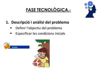 FASE TECNOLÒGICA.- 
1. Descripció i anàlisi del problema 
 Definir l'objectiu del problema 
 Especificar les condicions inicials 
 