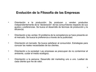 6
• Orientación a la producción: Se producen y venden productos
independientemente de la “declaración” de los consumidores respecto de sus
gustos y preferencias. Se busca el desarrollo de técnicas de producción y la
eficiencia.
• Orientación a las ventas: El problema de la competencia se hace presente en
el mercado. Se busca la preferencia a través de la publicidad.
• Orientación al mercado: Se busca satisfacer al consumidor. Estrategias para
conocer las reales necesidades de los clientes.
• Orientación a la sociedad: Las empresas se preocupan de no contaminar el
ambiente, cuidar el medio ecológico.
• Orientación a la persona: Desarrollo del marketing uno a uno. Lealtad de
cada cliente que me de valor.
Evolución de la Filosofía de las Empresas
 
