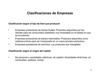 8
Clasificaciones de Empresas
Clasificación según el tipo de bien que producen
• Empresas productoras de bienes finales: Productos adquiridos por los
clientes para ser consumidos (satisfacer una necesidad) en el estado en que
se encuentran.
• Empresas productoras de bienes intermedios: Productos adquiridos como
materias primas para ser incorporado en un nuevo proceso productivo.
• Empresas prestadoras de servicios: Los productos son intangibles.
Clasificación según el origen del capital
• De personas o sociedades colectivas, de capital o Sociedades Anónimas, en
comanditas, públicas, mixtas.
 