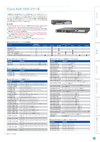 Cisco ASR 1000 シリーズ
大規模拠点や、拠点を集約するセンターでの使用に適した、モジュラ型のアグリゲーショ
ン サービス ルータです。ルーティングだけでなく、セキュリティ、ユニファイド コミュニ
ケーション、WAN 最適化など、WAN 集約に必要なサービスを 1 台に統合できます。汎
用のプロセッサとは異なる次世代ネットワーク プロセッサを搭載し、超並列処理と高度な
メモリ管理、カスタマイズ可能な QoS、ハードウェアベースのサービス、および新たな要
件にも対応可能なプログラマビリティを提供します。
■ 主な特長
● Cisco IOS XE ユニバーサル イメージ搭載（IP Base（IPB）/Advanced IP
Services（AIS）/Advanced Enterprise Services（AES）対応）
● 次世代ネットワーク プロセッサ Cisco QuantumFlow Processor（QFP）搭載
● 8 GB（Cisco ASR 1001-X）および 4 GB（Cisco ASR 1002-X）のメモリを
搭載（最大 16 GB のメモリを搭載可能）
● 2.5 Gbps（Cisco ASR 1001-X）および 5 Gbps（Cisco ASR 1002-X）のシ
ステム帯域幅（Cisco ASR 1001-X は最大 20 Gbps、Cisco ASR 1002-X
は最大 36 Gbps にソフトウェア アップグレード可能）
● デュアル AC 電源またはデュアル DC 電源を搭載
● さまざまなネットワーク サービスを拡張モジュールで統合（NIM/SPA スロット）
バンドル
製品型番に
含まれる文字列
バンドル ライセンス
IOS AIS IOS AES 高可用性 FW IPsec AVC vWAAS
ベース バンドル - - ● - - - - -
高可用性バンドル HA - ● ● - - - -
VPN バンドル VPN - ● ● - ● - -
セキュリティ バンドル SEC - ● - ● ● - -
セキュリティ高可用性バンドル SHA - ● ● ● ● - -
アプリケーション エクスペリエンス バンドル AX ● ● - - - ● ●※1
■ Cisco ASR 1000 シリーズ バンドル仕様比較
※1 機能ライセンスが必要。
■ Cisco ASR 1000 シリーズ用シャーシ
製品型番 製品説明
ASR1001-X ASR 1001-X シャーシ（6 x GE ポート、デュアル電源、8 GB RAM）
ASR1002-X ASR 1002-X シャーシ（6 x GE ポート、デュアル電源、4 GB RAM）
■ Cisco ASR 1000 シリーズ用ルート プロセッサ メモリ
製品型番 製品説明
M-ASR1001X-8GB ASR1001-X 用 8 GB メモリ
M-ASR1001X-16GB ASR1001-X 用 16 GB メモリ
M-ASR1002X-4GB ASR1002-X 用 4 GB メモリ
M-ASR1002X-8GB ASR1002-X 用 8 GB メモリ
M-ASR1002X-16GB ASR1002-X 用 16 GB メモリ
■ Cisco ASR 1000 シリーズ用テクノロジー パッケージ ライセンス
製品型番 製品説明
L-SLASR1-IPB IP Base ライセンス
L-SLASR1-AIS Advanced IP Services ライセンス
L-SLASR1-AES Advanced Enterprise Services ライセンス
■ Cisco ASR 1000 シリーズ用機能ライセンス
製品型番 製品説明
FLSA1-BIN-1X10GE ASR 1001-X 用ビルトイン 1 x 10 GE ポート ライセンス
FLSA1-BIN-2X10GE-P ASR 1001-X 用ビルトイン 2 x 10 GE ポート ライセンス
L-FLSASR1-IOSRED ソフトウェア冗長ライセンス
L-FLSASR1-BB ブロードバンド ライセンス
L-FLSASR1-AVC Application Visibility & Control（AVC）ライセンス
L-FLSASR1-LI Lawful Intercept ライセンス
L-FL-ASR1-IPSEC IPSEC ライセンス
L-FLSA1-2X-IPS4G ASR 1002-X 用 4 Gbps IPSEC ライセンス
L-FLSASR1-FW ファイアウォール ライセンス
L-FLSASR1-FPI Flexible Packet Inspection ライセンス
L-FLSASR1-NAT64-2M 最大 2,000 セッションの NAT64 ライセンス
FLASR1-CGN-2M 最大 2,000 セッションの CGN ライセンス
FLSASR1-FW-GTP ファイアウォールへの GTP 追加ライセンス
L-FLSASR1-FWNAT-R ファイアウォール /NAT ステートフル シャーシ間冗長ライセンス
FLASR1-CUBEE-100P Cisco Unified BEe 100 ライセンス
FLASR1-CUBEE-100R Cisco Unified BEe 100 冗長構成ライセンス
FLASR1-CUBEE-4KP Cisco Unified BEe 4,000 ライセンス
FLASR1-CUBEE-4K-R Cisco Unified BEe 4,000 冗長構成ライセンス
FLASR1-CUBEE-16KP Cisco Unified BEe 16,000 ライセンス
FLASR1-CUBEE-16KR Cisco Unified BEe 16,000 冗長構成ライセンス
L-FLSA1-1X-2.5-5G
ASR 1001-X 用 2.5 Gbps から 5 Gbps へのアップグレード ラ
イセンス
L-FLSA1-1X-2.5-10G
ASR 1001-X 用 2.5 Gbps から 10 Gbps へのアップグレード
ライセンス
L-FLSA1-1X-2.5-20G
ASR 1001-X 用 2.5 Gbps から 20 Gbps へのアップグレード
ライセンス
L-FLSA1-2X-5-10G
ASR 1002-X 用 5 Gbps から 10 Gbps へのアップグレード ラ
イセンス
L-FLSA1-2X-5-20G
ASR 1002-X 用 5 Gbps から 20 Gbps へのアップグレード ラ
イセンス
L-FLSA1-2X-5-36G
ASR 1002-X 用 5 Gbps から 36 Gbps へのアップグレード ラ
イセンス
■ Cisco ASR 1000 シリーズ用共有ポート アダプタ（SPA）
製品型番 製品説明
SPA-4XT-SERIAL 4 x シリアル ポート搭載 SPA
SPA-4X1FE-TX-V2 4 x FE ポート搭載 SPA
SPA-8X1FE-TX-V2 8 x FE ポート ポート搭載 SPA
SPA-10X1GE-V2 1 x GE ポート 搭載 SPA
SPA-2X1GE-V2 2 x GE ポート搭載 SPA
SPA-2X1GE-SYNCE 2 x GE 同期 ポート搭載 SPA
SPA-5X1GE-V2 5 x ギガビット イーサネット ポート搭載 SPA
SPA-8X1GE-V2 8 x ギガビット イーサネット ポート搭載 SPA
SPA-8X1GE-V2-B2 8 x ギガビット イーサネット ポート搭載 SPA（2 パック）
SPA-1X10GE-L-V2 1 x 10 GE LAN-PHY ポート搭載 SPA
SPA-1X10GE-L-V2B4P 1 x 10 GE LAN-PHY ポート搭載 SPA（4 パック）
SPA-1X10GE-WL-V2 1 x 10 GE LAN/WAN-PHY ポート搭載 SPA
SPA-1CHOC3-CE-ATM
1 x チャネライズド OC3/STM-1 ATM および回線エミュレー
ション ポート搭載 SPA
SPA-2CHT3-CE-ATM
2 x チャネライズド T3/E3 ATM および回線エミュレーション
ポート搭載 SPA
SPA-8XCHT1/E1-V2 8 x チャネライズド T1/E1（DS0）ポート搭載 SPA
SPA-24CHT1-CE-ATM
24 x チャネライズド T1/E1/J1 ATM および回線エミュレーショ
ン ポート搭載 SPA
SPA-1XOC3-ATM-V2 1 x OC3c/STM1 ATM ポート搭載 SPA
SPA-3XOC3-ATM-V2 3 x OC3c/STM1 ATM ポート搭載 SPA
SPA-8XOC3-POS 8 x OC3/STM1 POS ポート搭載 SPA
SPA-1XOC12-ATM-V2 1 x OC12 STM ポート搭載 SPA
SPA-1XOC12-POS-V2 1 x OC12/STM4 POS ポート搭載 SPA
SPA-2XOC12-POS 2 x OC12/STM4 POS ポート搭載 SPA
SPA-4XOC12-POS 4 x OC12/STM4 POS ポート搭載 SPA
SPA-8XOC12-POS 8 x OC12/STM4 POS ポート搭載 SPA
SPA-1XOC48POS/RPR 1 x OC48/STM16 POS/RPR ポート搭載 SPA
SPA-2XOC48POS/RPR 2 x OC48/STM16 POS/RPR ポート搭載 SPA
SPA-4XOC48POS/RPR 4 x OC48/STM16 POS/RPR ポート搭載 SPA
SPA-OC192POS-XFP
1 x OC192/STM64 POS/RPR XFP モジュール スロット搭載
SPA
SPA-8XT3/E3 8 x クリア チャネル T3/E3 ポート搭載 SPA
SPA-DSP DSP 搭載 SPA
47
スイッチワイヤレスルータセキュリティコラボレーションサーバ／DCスイッチ管理ツール／サービス
 