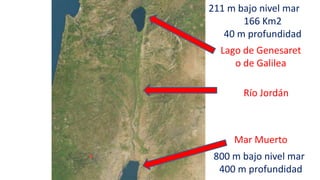 211 m bajo nivel mar
166 Km2
40 m profundidad
800 m bajo nivel mar
400 m profundidad
Lago de Genesaret
o de Galilea
Mar Muerto
Río Jordán
 