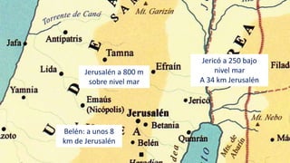 Belén: a unos 8
km de Jerusalén
Jerusalén a 800 m
sobre nivel mar
Jericó a 250 bajo
nivel mar
A 34 km Jerusalén
 