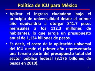 De enero a octubre de 2010 el costo promedio de la CNA es de $987.5 pesos mensuales en áreas urbanas y de $695.8 pesos en rurales. El promedio de ambas es de $841.7 pesos.20Política de ICU para México